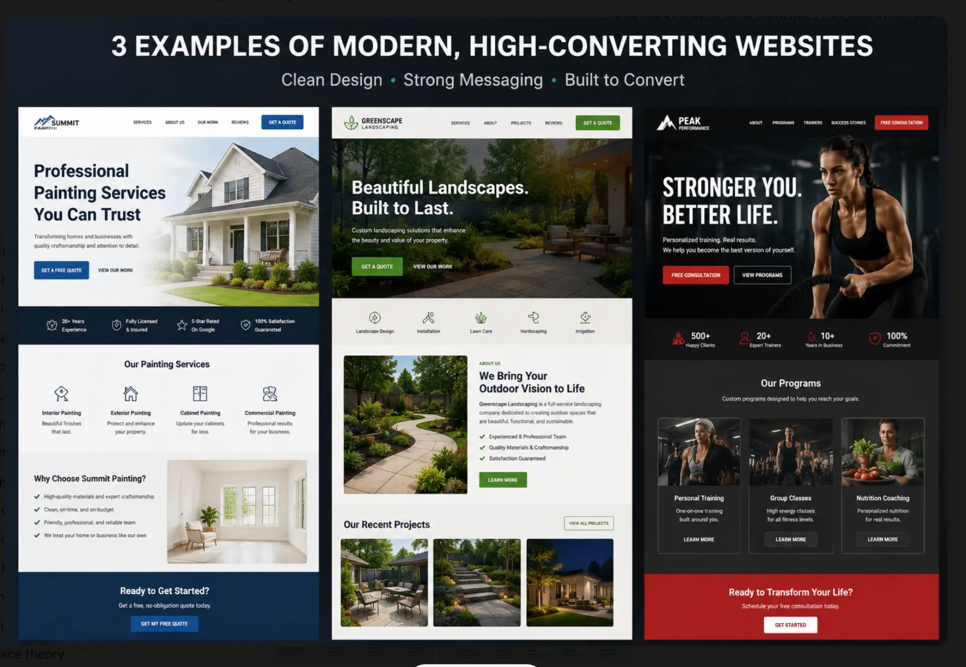 Three examples of modern, high-converting small business websites built by SiteRevive