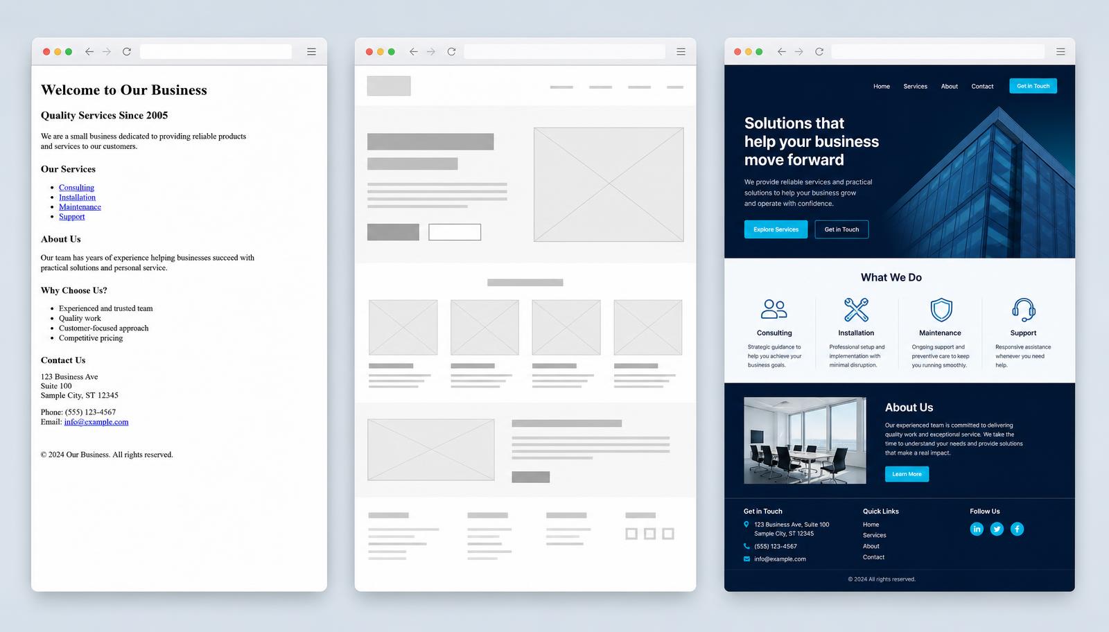 Website design progression: outdated page, new layout, and finished SiteRevive website