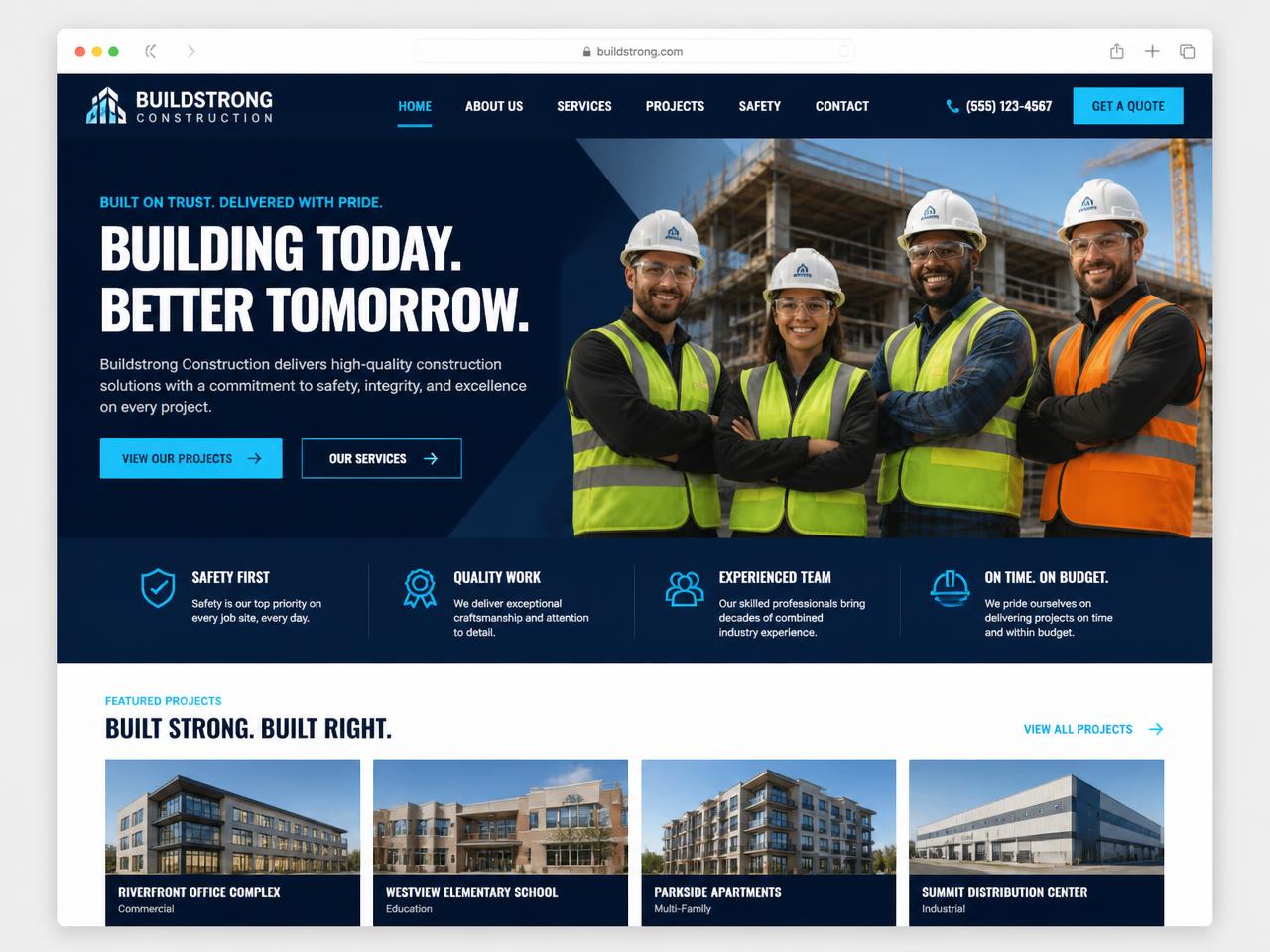 Example construction company website with a bold navy hero and featured projects grid