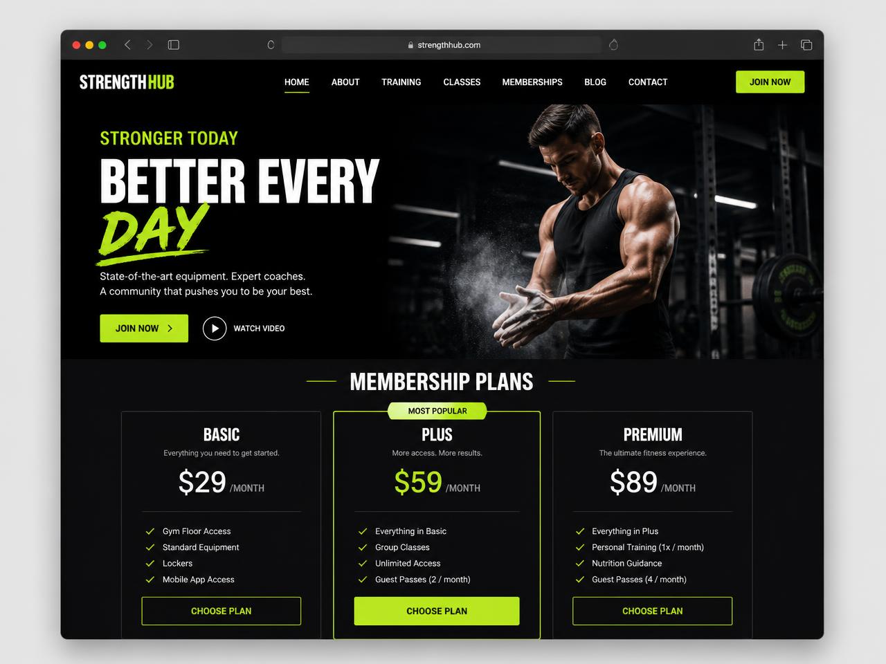 Example gym website with a high-contrast hero and membership pricing plans