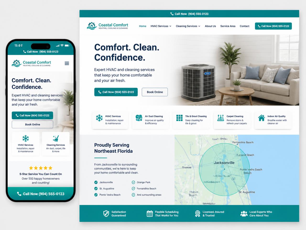 Example HVAC and cleaning company website with a call-now bar and service area map