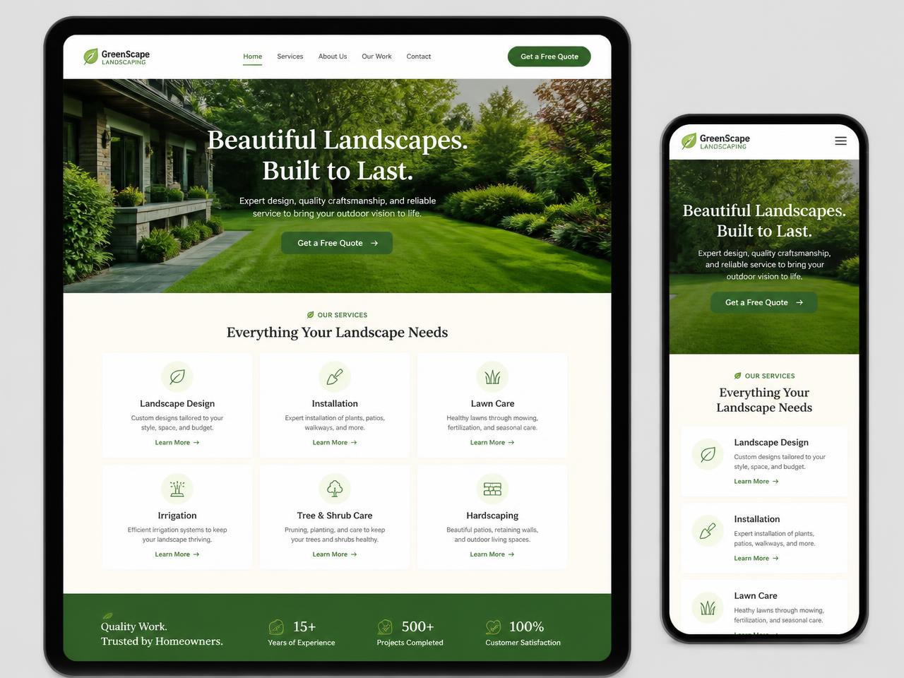 Example landscaping company website shown on a tablet and phone with a services card grid