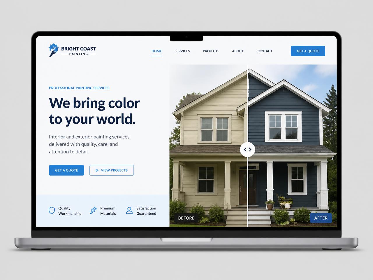 Example painting contractor website with a split hero and before-and-after photo slider