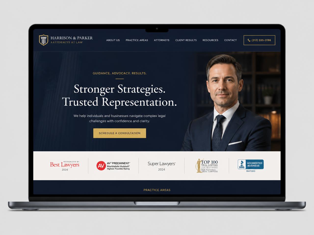 Example law firm website with a refined navy and gold layout and trust badges