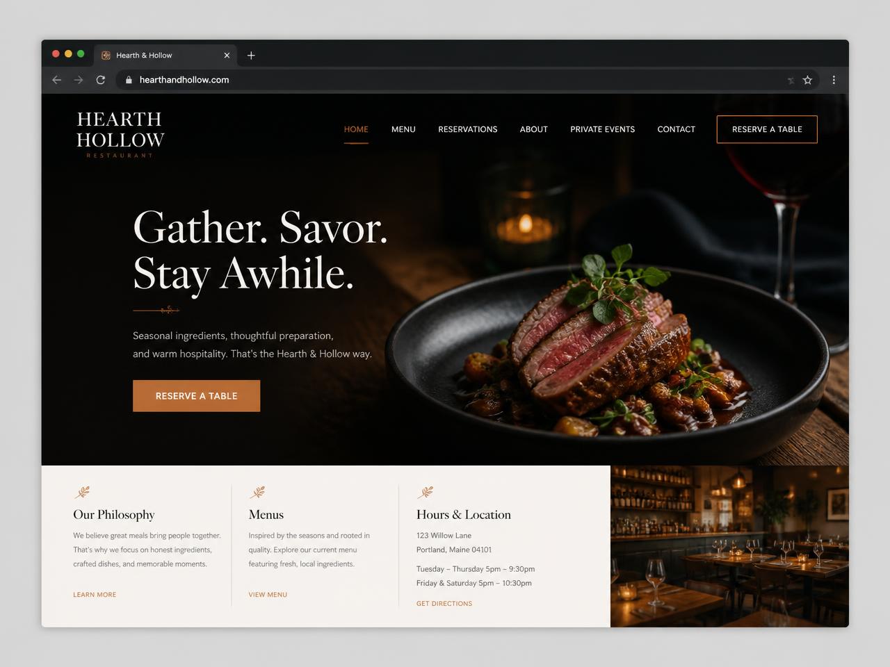 Example restaurant website with dark food photography and a reserve-a-table call to action